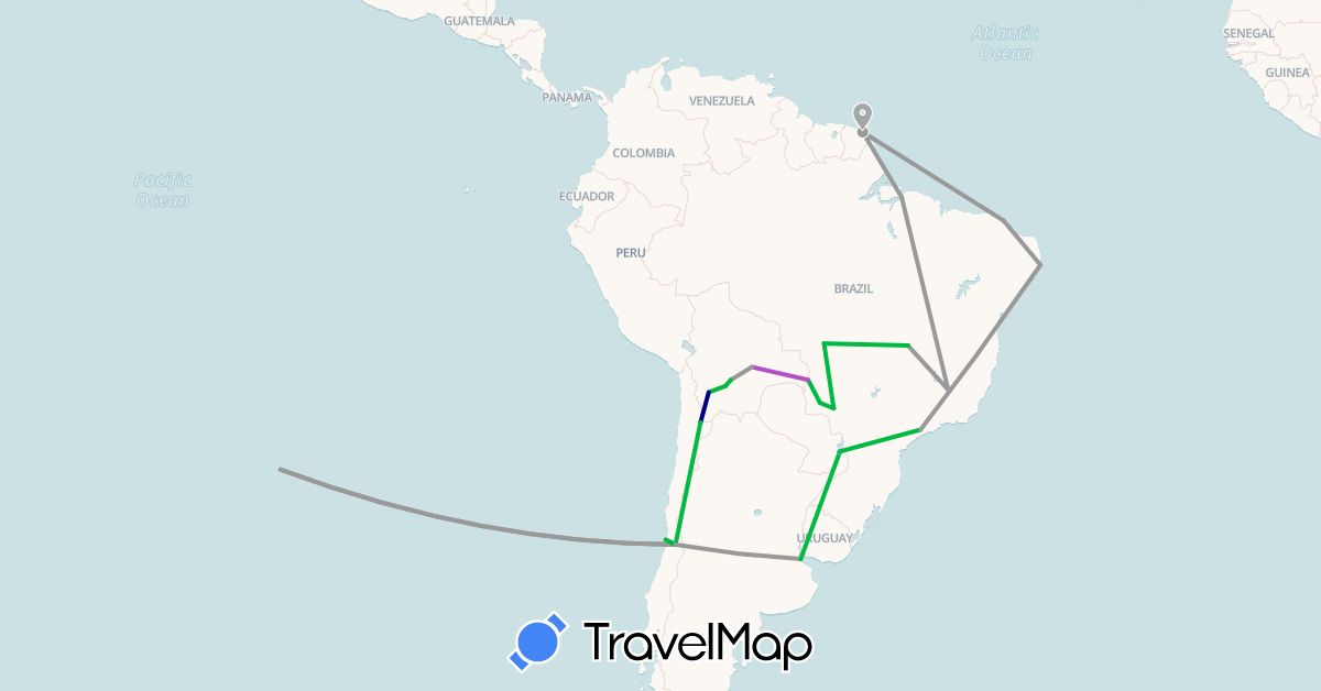 TravelMap itinerary: driving, bus, plane, train, boat in Argentina, Bolivia, Brazil, Chile, French Guiana (South America)