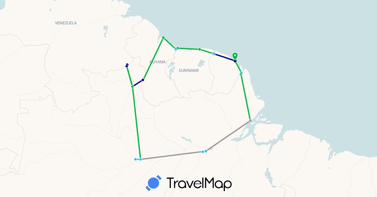 TravelMap itinerary: driving, bus, plane, boat in Brazil, French Guiana, Guyana, Suriname, Venezuela (South America)